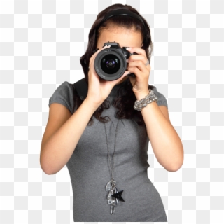Cute Young Woman In Gray Dress With Digital Photo Camera - Girl With Camera Png Clipart