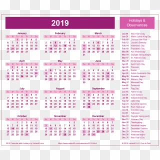 Calendar 2019 Pink Png - 2019 Calendar With Holiday List Clipart