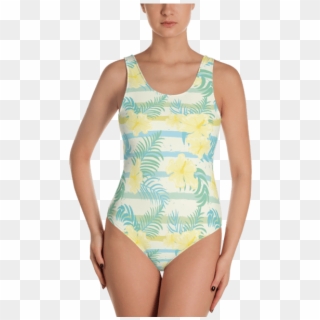Light Blue Stripes And Yellow Tropical Flowers One-piece - Unicorn One Piece Swimsuit Clipart