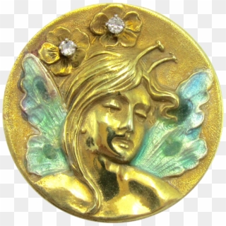 Art Nouveau Fairy / Pixie 14k Gold Circle Brooch Pin - Bronze Clipart