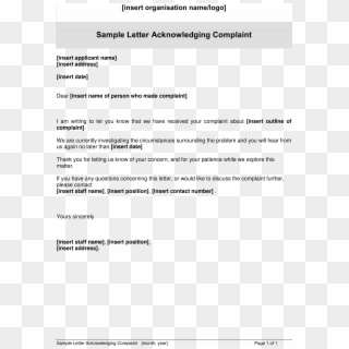 Job Complaint Letter Sample New Free Employee Plaint - Acknowledging Complaint Letter Sample Clipart