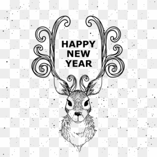Postcard, New Year's Eve, Deer, Christmas, Holiday - Happy New Year 2019 Sketches Clipart