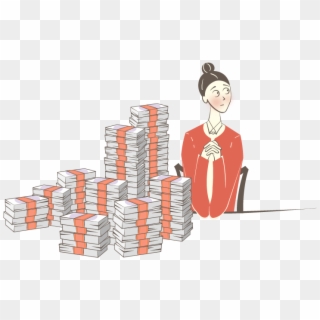 Anxious British Woman Sitting Next To A Pile Of Money - Illustration Clipart