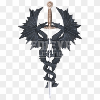 Double Dragon With Sword Wall Plaque , Png Download - Dragon Caduceus Clipart