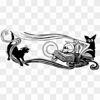 A Spooky Scene With A Cat And Bat, A Skull On An Open - Spooky Clip Art - Png Download
