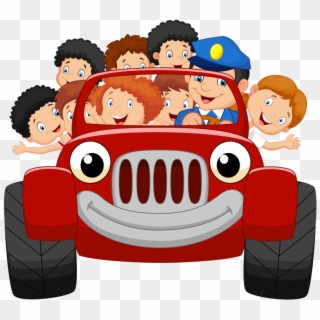 Cartoon Little Kid Happy With Red Car Vector - Kid On The Car Cartoon Clipart