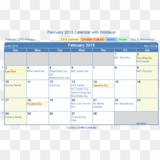 Printable February 2019 Holidays Calendar February - Holidays In February 2019 Clipart
