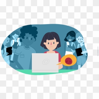 Sad Girl Sitting At Laptop While Others Laugh Around - Cartoon Clipart