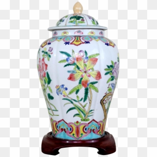 Vintage Large Ginger Jar With Hand-painted Lotus Flowers - Porcelain Clipart