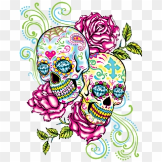 Two Skulls Roses Neon Tattoo Pinterest - Sugar Skulls And Roses Clipart