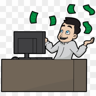 Cartoon Man Enjoying His Flying Online Money - Cartoon Clipart