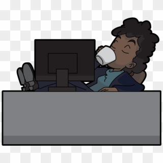Black Cartoon Woman Drinking Coffee While Using A Computer - Cartoon Clipart