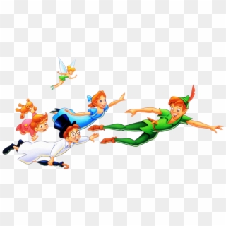 Peter, Wendy, Michael, John, And Tinkerbell - Peter Pan Characters Flying Clipart