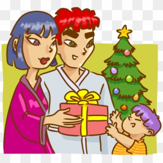 Vector Illustration Of Family On Christmas Morning - Cartoon Clipart