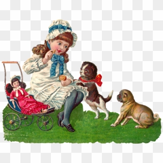 Girl Playing With Dogs And Doll Clip Art - Buon Sabato Vintage - Png Download