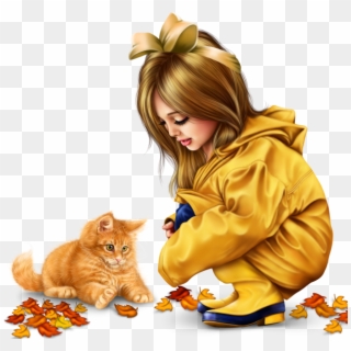 Little Girl In Raincoat With A Kitty Png - Psp Tubes Automne Clipart