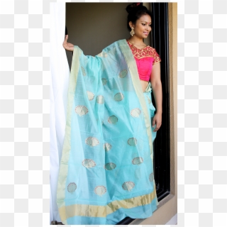 Chanderi Silk Saree In Turquoise With Large Motifs - Silk Clipart