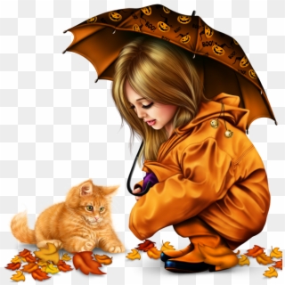 Little Girl In Raincoat With A Kitty Png - Drawing Clipart
