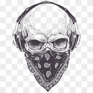 Banner Drawing Skull - Skull With Headphones And Bandana Clipart