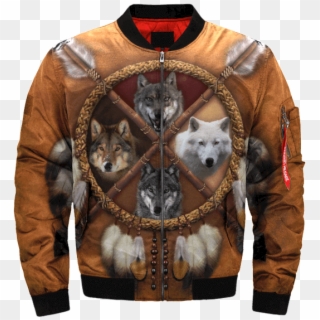 Com 4 Wolves Dream Catcher Native Over Print Bomber - Native Americans Wolf Tapestries Clipart