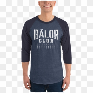 Finn Bàlor "bàlor Club Worldwide" 3/4 Sleeve Raglan - Balor Club Written On A Blue Shirt Clipart