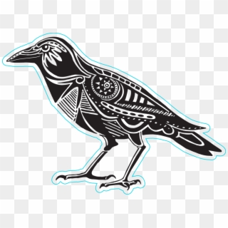 Decorated Black Raven Silhouette Sticker - Crow Art Clipart