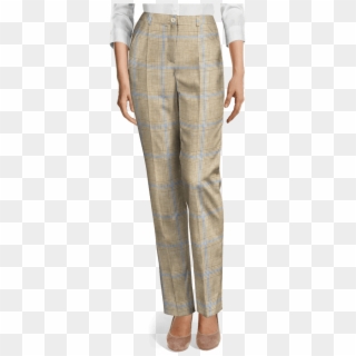 Beige Checked Linen High Waisted Pants-view Front - White Linen Wide Leg Pants Clipart