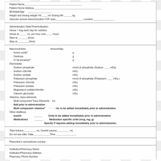 Standard Home Parenteral Nutrition Label Template Adult - Total Parenteral Nutrition Label Clipart