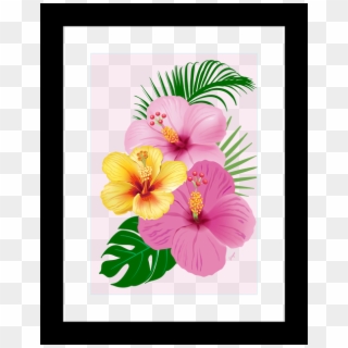 Beach Wall Art Framed Pink And Yellow Tropical Flowers, - Hawaiian Hibiscus Clipart