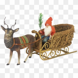 Antique German Santa In Loofah Sleigh With Candy Container - Reindeer Clipart