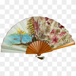 1920s Tropical Motif Cloth Fan With Winged Woman - Umbrella Clipart