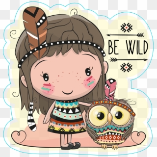 Tribal Girl And Owl Hippie Boho Sticker - Wild Tribal Cartoon Clipart