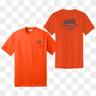 Safety Orange Short Sleeve Pocket T Shirt Front And - Orange Shirt Front And Back Clipart