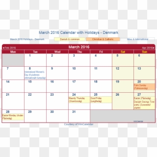 March 2016 Calendar With Dnk Holidays - Miercoles De Ceniza 2019 Clipart