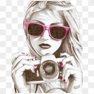 Girl, Pink, And Camera Image - Black And White Drawing With Color Clipart