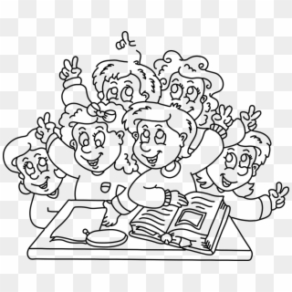 Happy Children In School Cartoon Black And White Clipart