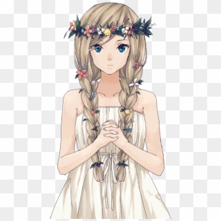 Anime Girl Wearing A White Dress And Flower Crown - Flower Crown Anime Girl Clipart
