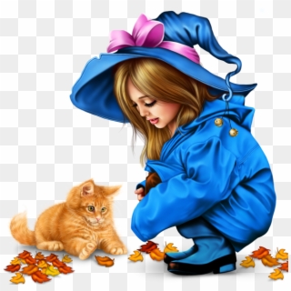 Little Girl In Raincoat With A Kitty Png - Drawing Clipart