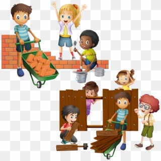 Wall Brick Building Clip Art Child And - Building A Fence Cartoon - Png Download