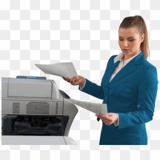 Business Woman Blue Coat Next To Office Printer - Output Device Clipart