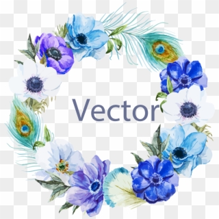 Painting Chic Illustration Blue Border Bohochic - Flower Wreath With Peacock Feathers Clipart