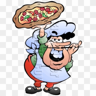 Pizza Baker Holding Pizza Twirling Mustache Mascot - Italian Caricature Clipart