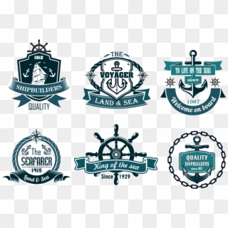 彩色促销彩带与标签集合- Steering Wheel Ship Logo - Морские Эмблемы Clipart