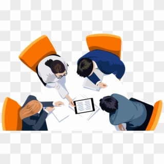 Business People Sitting On A Table Looking At A Tablet - Cartoon Clipart