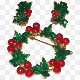 Vintage Holly Berry Wreath Brooch And Clip Earrings - Wreath - Png Download
