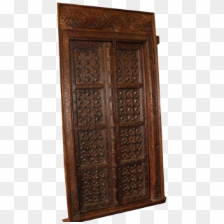 Antique Indian Carved Wooden Door With Metal Fittings - Cupboard Clipart