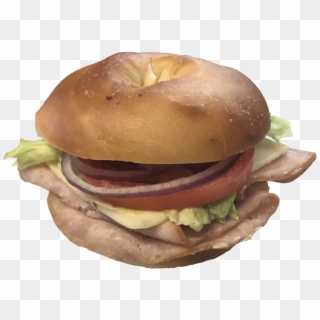 Ham Sandwich On Plain Bagel With Onion, Tomato, Lettuce - Cheeseburger Clipart