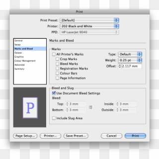 In The Print Option You Can Add Your Printer Marks - Marks And Bleed Section Of The Print Dialog Box Clipart