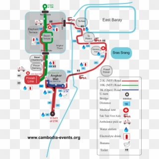 The Route For The Run Is Mostly Paved Or Smooth Red - Angkor Wat Marathon Map Clipart