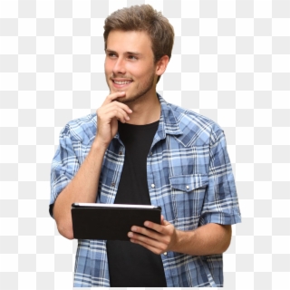 Personpleasantly Distracted Man Thinking - Person With Tablet Clipart